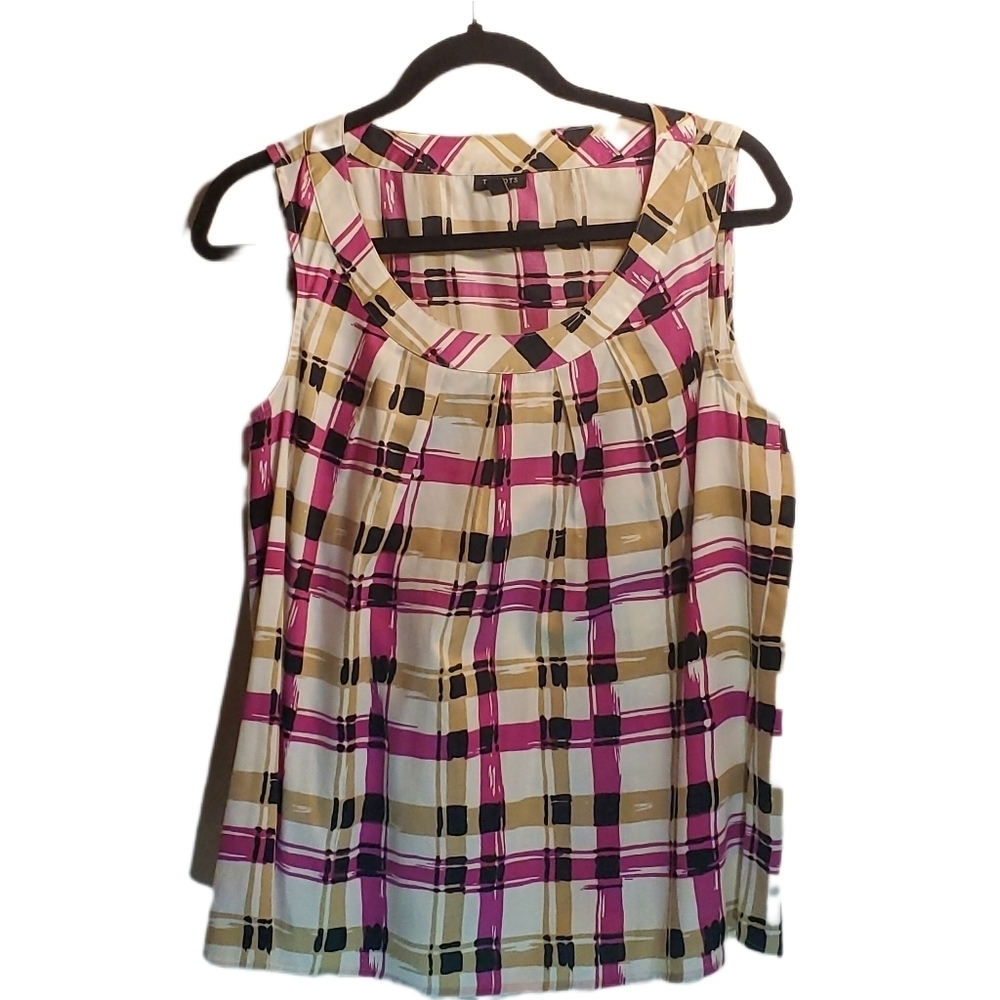 TALBOTS Plaid Sleeveless 100% Cotton Blouse Sz 8 Pink Cream Brown Tailored EUC